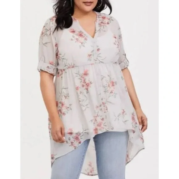 Torrid Pale Yellow Hi-Lo Tunic with Pink Floral Pattern - Picture 7 of 8